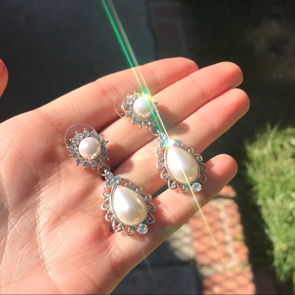 Vintage Crystal Encrusted Pearl Drop Earrings Pair